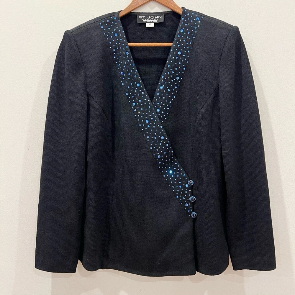 St John Evening Sweater Blazer Womens 10 Black Blue Santana Knit Beaded Cocktail